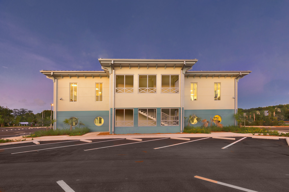 Architectural dusk view of the College of the Florida Keys in Key Largo, FL.
